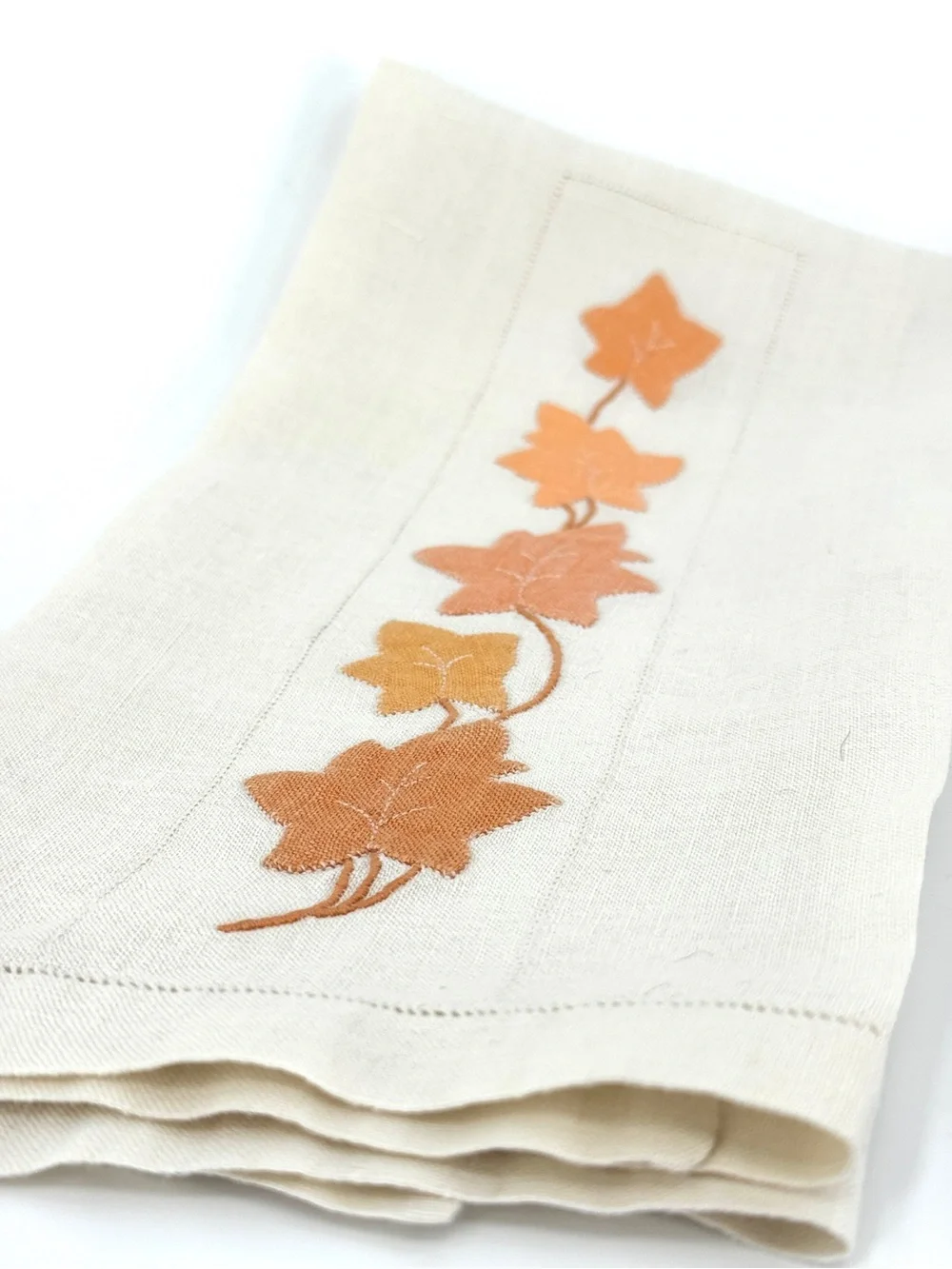 Vintage mid-century modern hand appliqué linen cotton tea towel autumn leaves